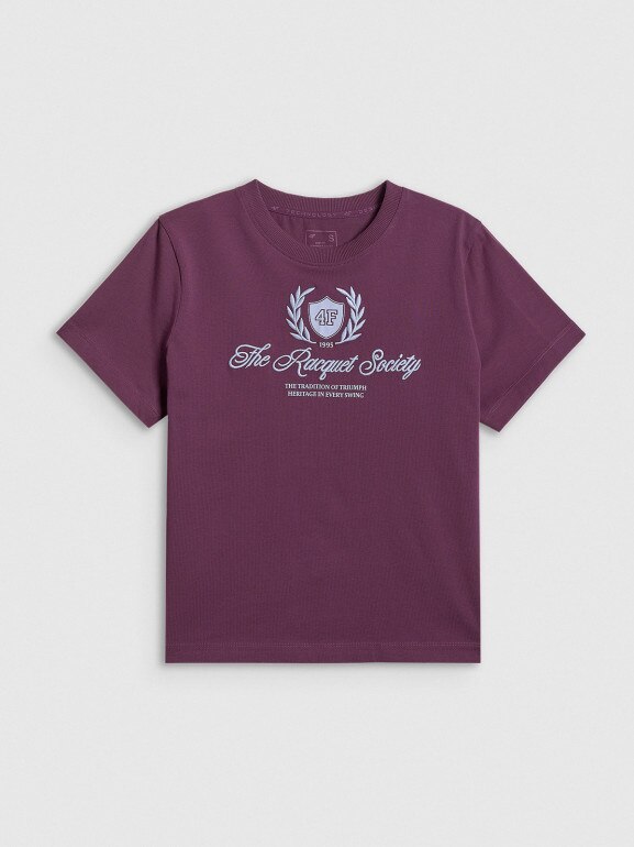 Damski t-shirt boxy z nadrukiem 4F 4FWSS26TTSHF2738 - burgundowy