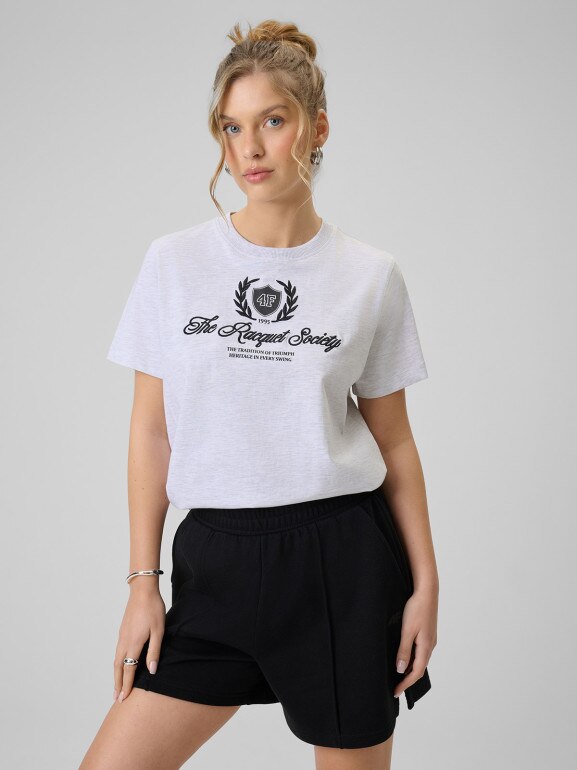 Damski t-shirt boxy z nadrukiem 4F 4FWSS26TTSHF2738 - szary