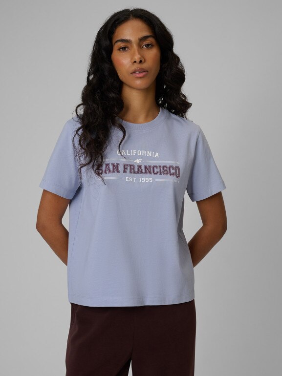 Damski t-shirt boxy z nadrukiem 4F 4FWSS26TTSHF2739 - niebieski