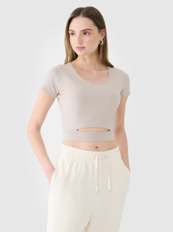 Damski t-shirt crop top 4F 4FRSS25TTSHF2695 - beżowy