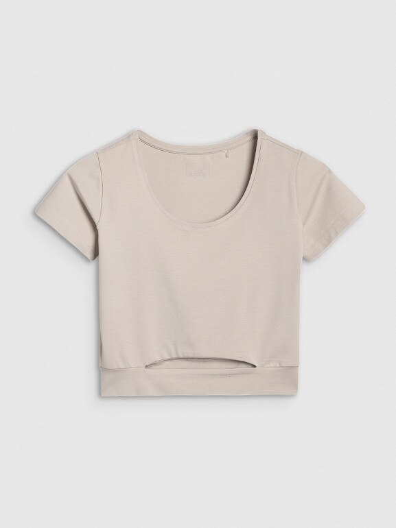 Damski t-shirt crop top 4F 4FRSS25TTSHF2695 - beżowy