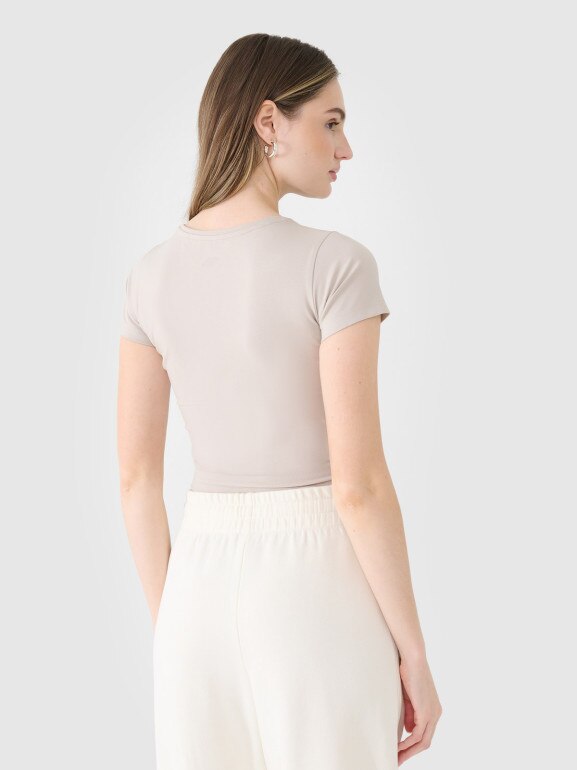 Damski t-shirt crop top 4F 4FRSS25TTSHF2695 - beżowy