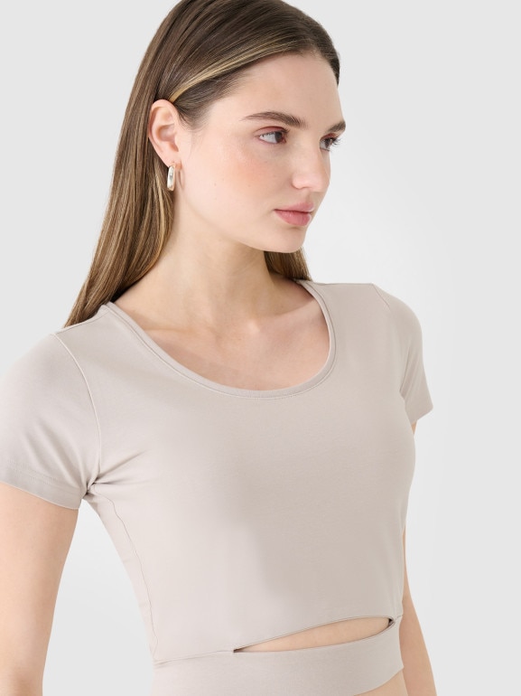 Damski t-shirt crop top 4F 4FRSS25TTSHF2695 - beżowy