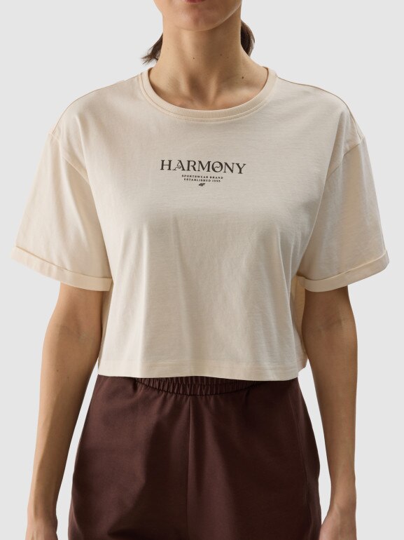 Damski t-shirt crop top 4F 4FWSS24TTSHF1357 - beżowy