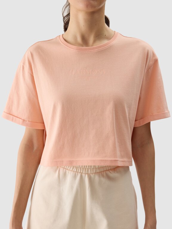 Damski t-shirt crop top 4F 4FWSS24TTSHF1357 - różowy