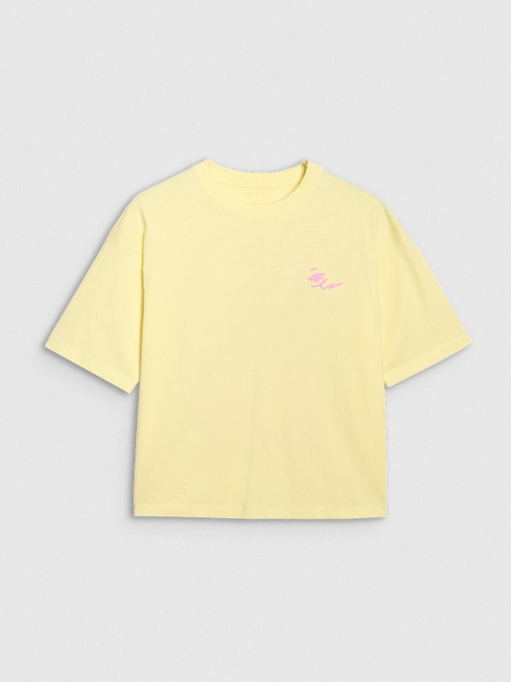 Damski t-shirt oversize z nadrukiem 4F 4FRSS25TTSHF2787 - żółty