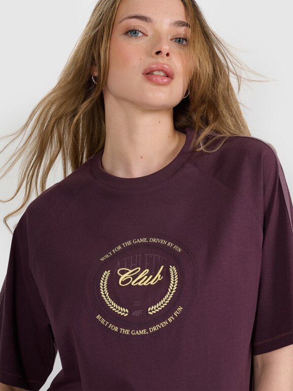Damski t-shirt oversize z nadrukiem 4F 4FRSS25TTSHF2791 - fioletowy