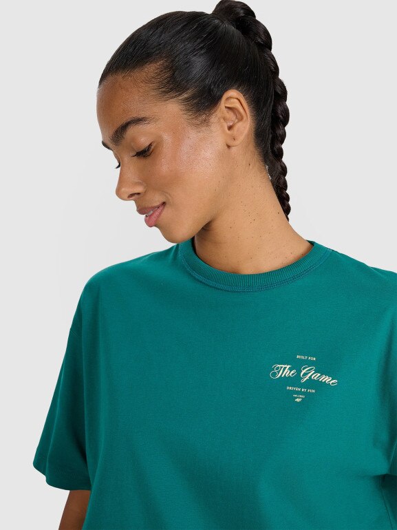 Damski t-shirt oversize z nadrukiem 4F 4FRSS25TTSHF2977 - zielony