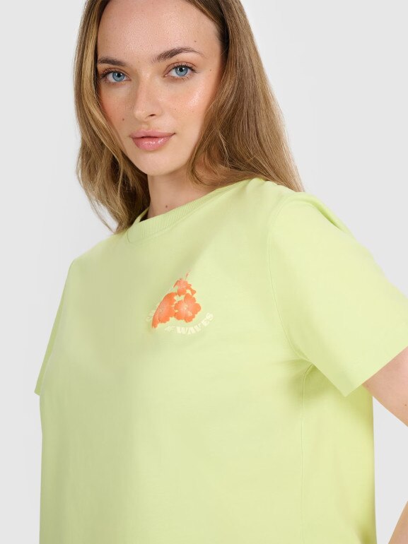 Damski t-shirt oversize z nadrukiem 4F 4FRSS25TTSHF3160 - żółty