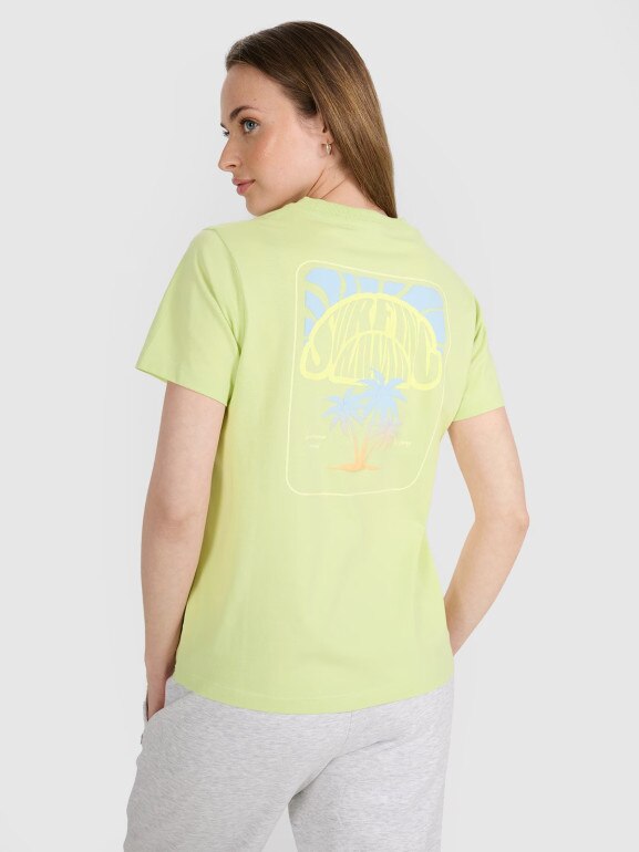 Damski t-shirt oversize z nadrukiem 4F 4FRSS25TTSHF3163 - żółty