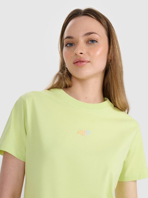 Damski t-shirt oversize z nadrukiem 4F 4FRSS25TTSHF3163 - żółty