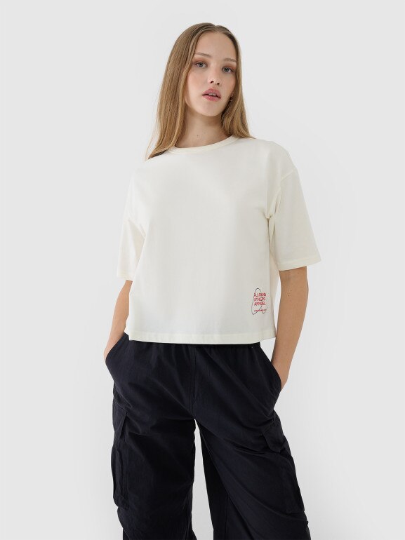 Damski t-shirt oversize z nadrukiem 4F 4FWSS25TTSHF1971 - biały