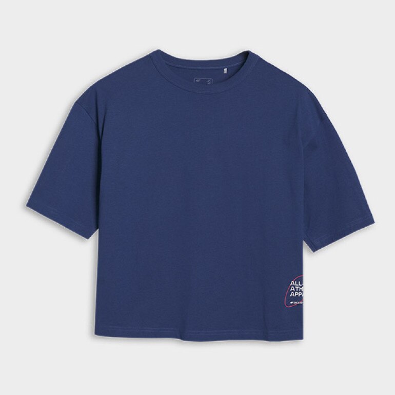Damski t-shirt oversize z nadrukiem 4F 4FWSS25TTSHF1971 - granatowy