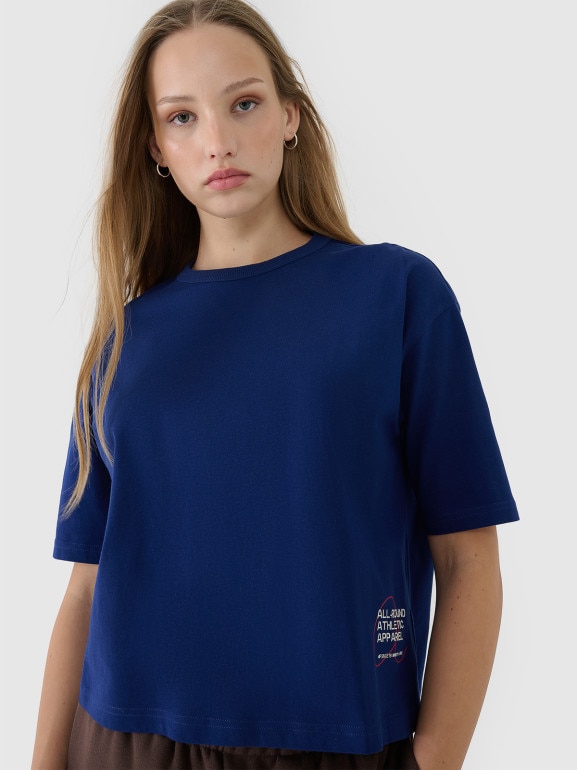 Damski t-shirt oversize z nadrukiem 4F 4FWSS25TTSHF1971 - granatowy