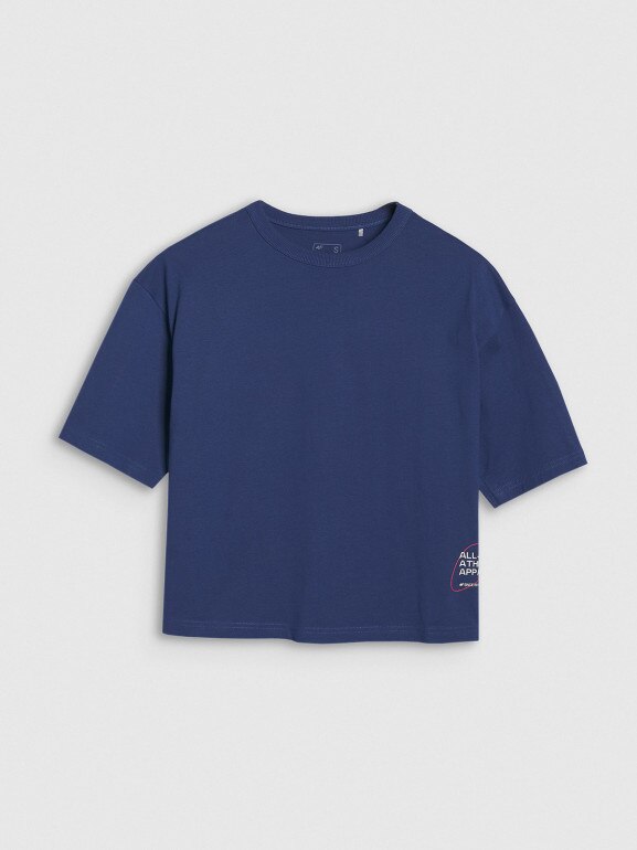 Damski t-shirt oversize z nadrukiem 4F 4FWSS25TTSHF1971 - granatowy
