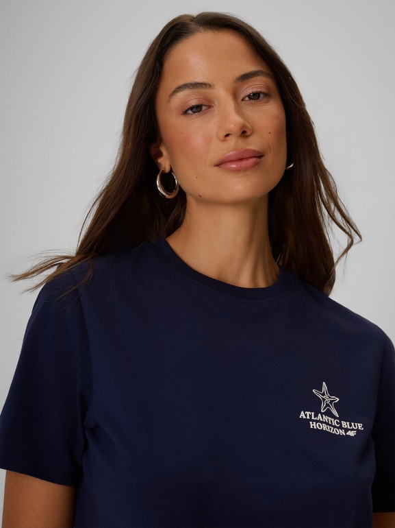 Damski t-shirt z nadrukiem 4F 4FRSS26TTSHF4021 - granatowy