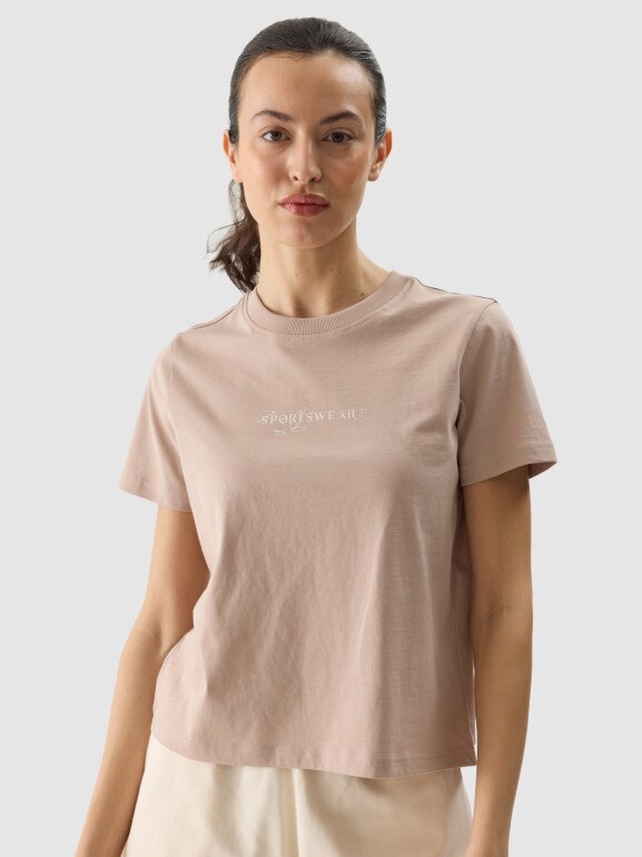 Damski t-shirt z nadrukiem 4F 4FWSS24TTSHF1354 - beżowy