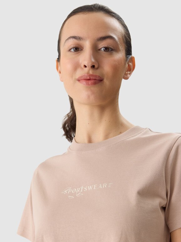 Damski t-shirt z nadrukiem 4F 4FWSS24TTSHF1354 - beżowy