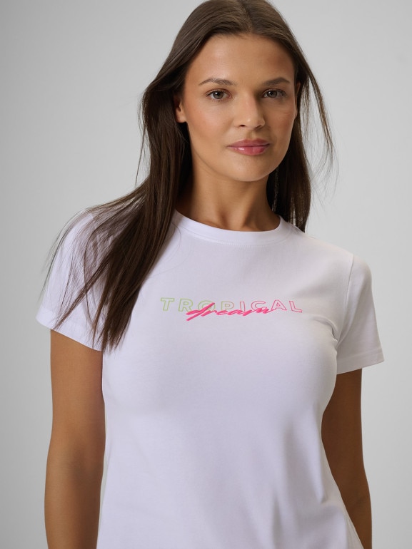 Damski t-shirt z nadrukiem 4F 4FWSS26TTSHF2717 - biały