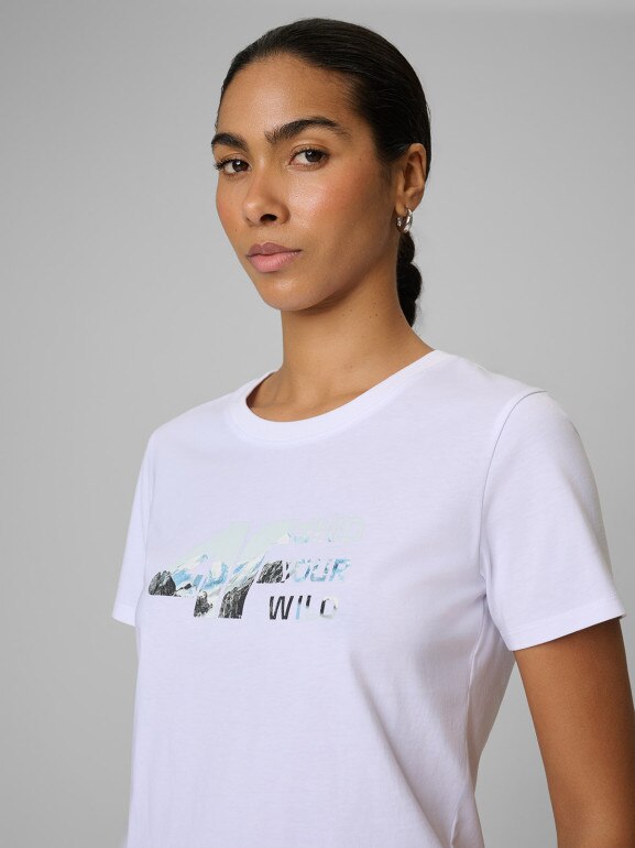 Damski t-shirt z nadrukiem 4F 4FWSS26TTSHF2775 - biały