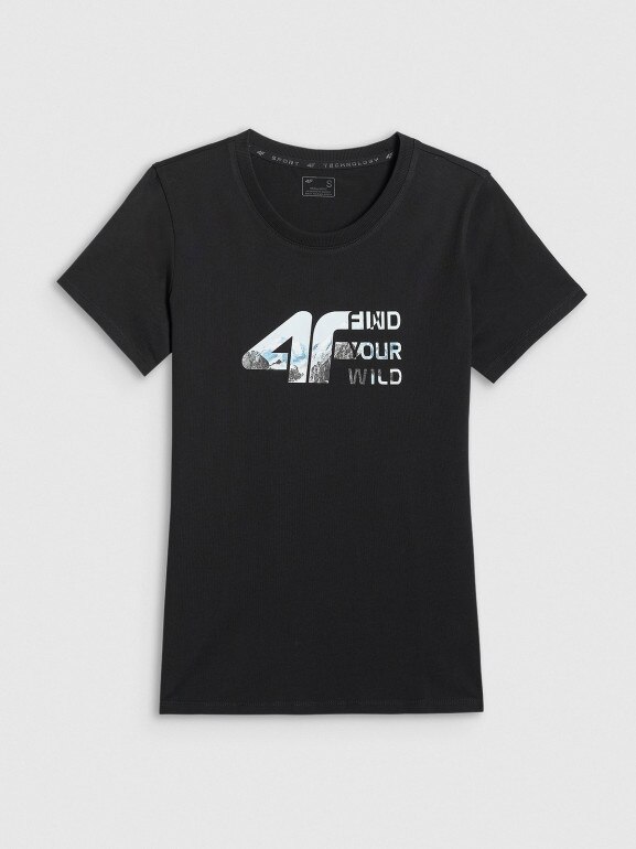 Damski t-shirt z nadrukiem 4F 4FWSS26TTSHF2775 - czarny