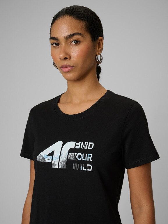 Damski t-shirt z nadrukiem 4F 4FWSS26TTSHF2775 - czarny