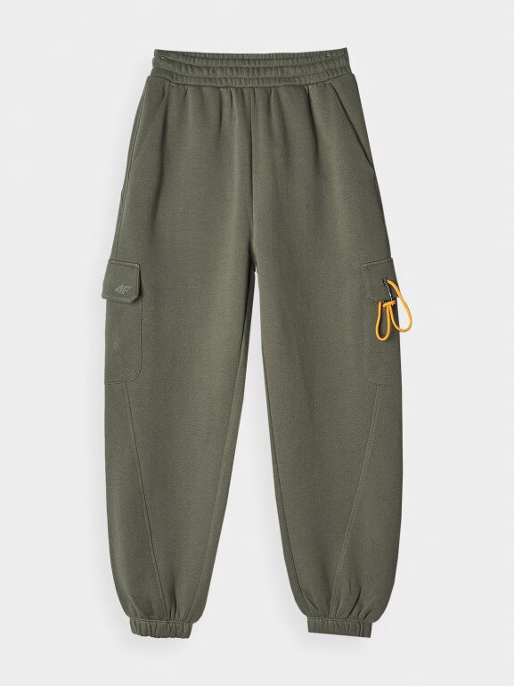Damskie spodnie dresowe joggery 4F 4FRAW24TTROF1353 - oliwkowe/khaki