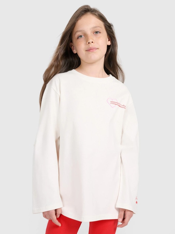 Dziewczęcy longsleeve z nadrukiem 4F 4FJRAW25TLONF589 - biały