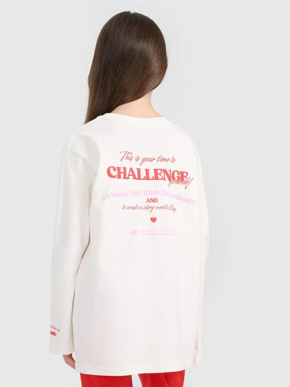 Dziewczęcy longsleeve z nadrukiem 4F 4FJRAW25TLONF589 - biały
