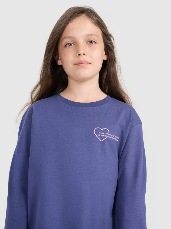 Dziewczęcy longsleeve z nadrukiem 4F 4FJRAW25TLONF589 - granatowy