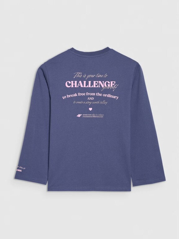 Dziewczęcy longsleeve z nadrukiem 4F 4FJRAW25TLONF589 - granatowy