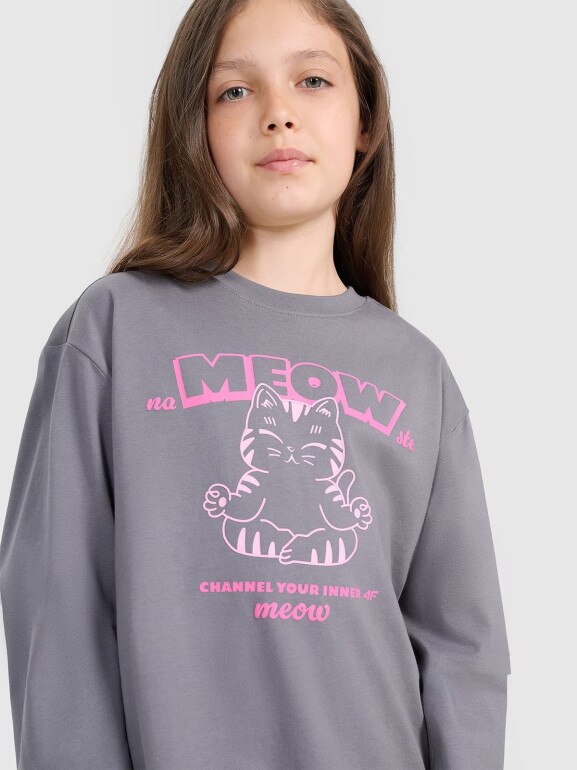 Dziewczęcy longsleeve z nadrukiem 4F 4FJRAW25TLONF591 - szary