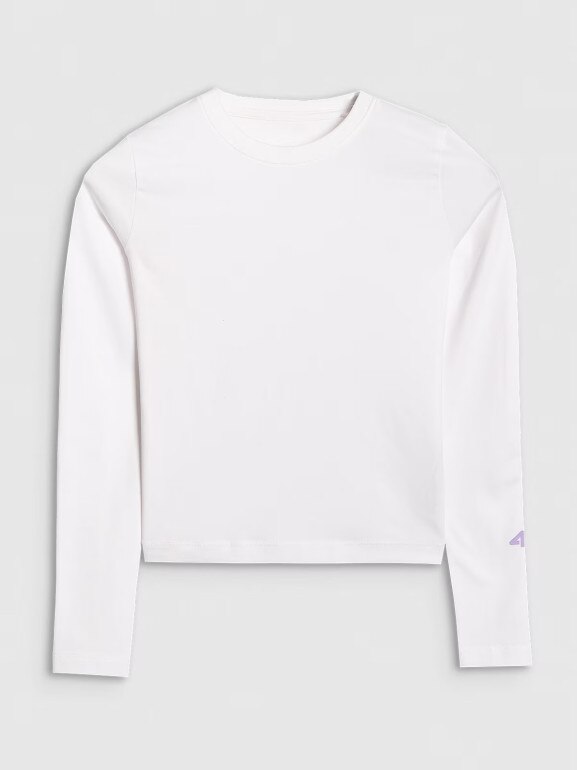 Dziewczęcy longsleeve bez nadruku 4F 4FJRAW25TLONF603 - biały