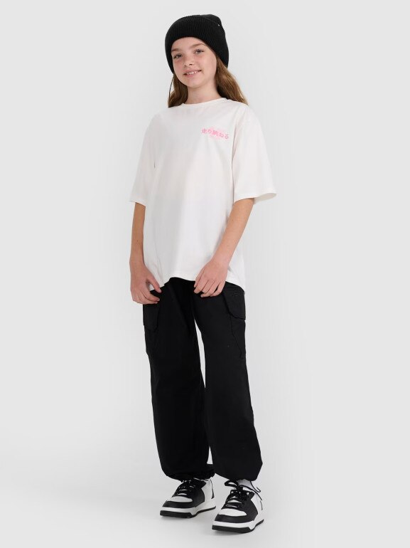 Dziewczęcy t-shirt oversize z nadrukiem 4F 4FJRAW25TTSHF2935 - biały