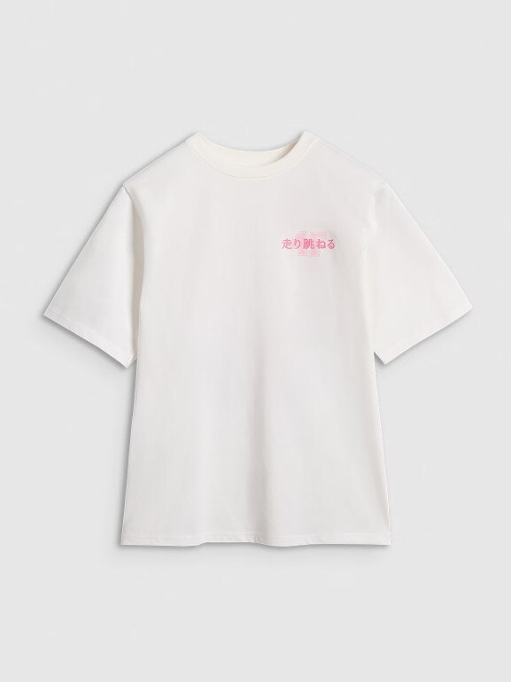 Dziewczęcy t-shirt oversize z nadrukiem 4F 4FJRAW25TTSHF2935 - biały