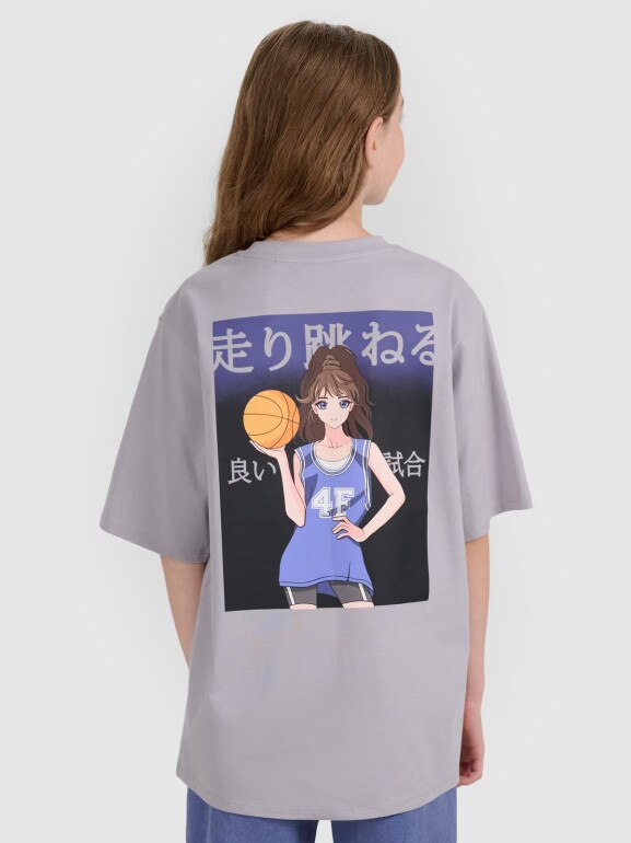 Dziewczęcy t-shirt oversize z nadrukiem 4F 4FJRAW25TTSHF2935 - szary