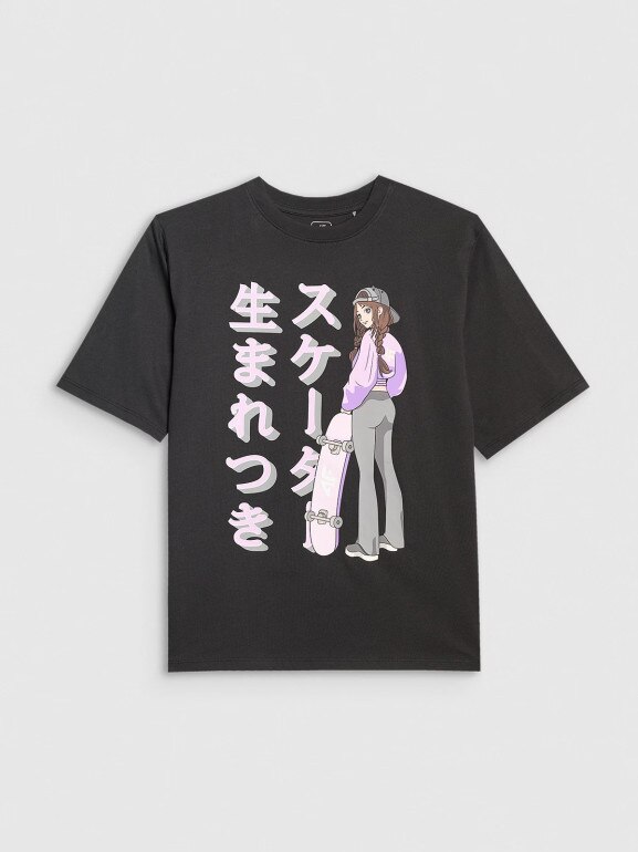 Dziewczęcy t-shirt oversize z nadrukiem 4F 4FJRAW25TTSHF2936 - czarny