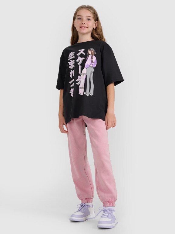 Dziewczęcy t-shirt oversize z nadrukiem 4F 4FJRAW25TTSHF2936 - czarny