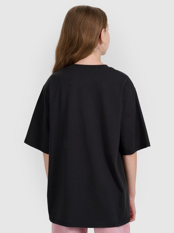 Dziewczęcy t-shirt oversize z nadrukiem 4F 4FJRAW25TTSHF2936 - czarny
