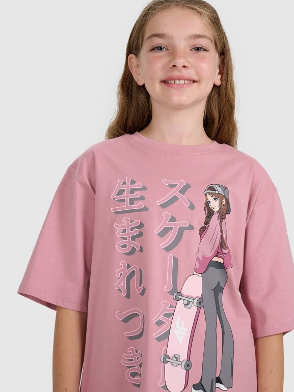 Dziewczęcy t-shirt oversize z nadrukiem 4F 4FJRAW25TTSHF2936 - różowy
