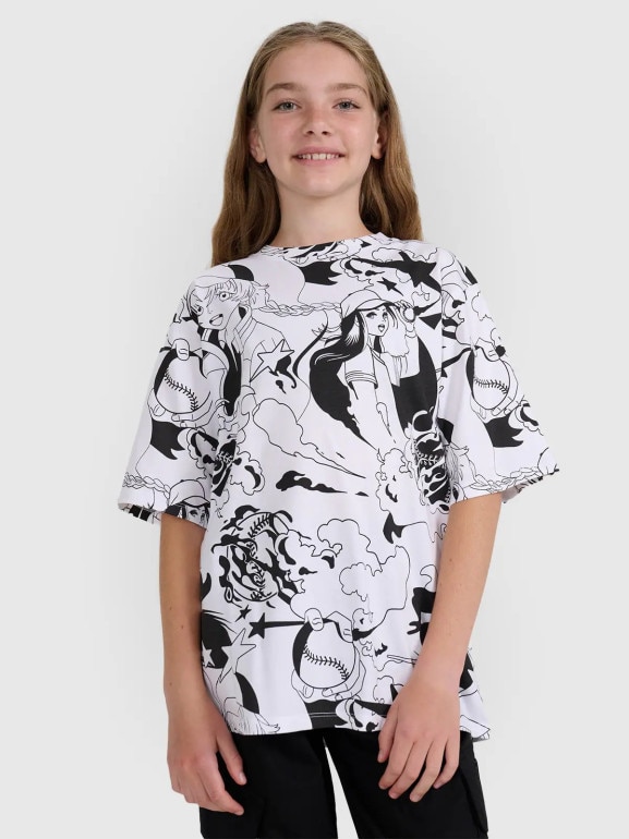 Dziewczęcy t-shirt oversize z nadrukiem 4F 4FJRAW25TTSHF3069 - biały