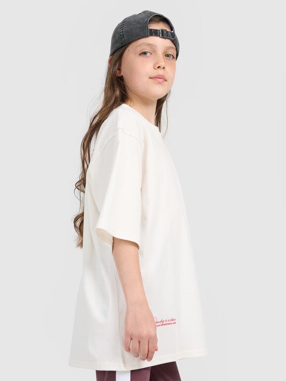 Dziewczęcy t-shirt oversize z nadrukiem 4F 4FJRAW25TTSHF3187 - biały