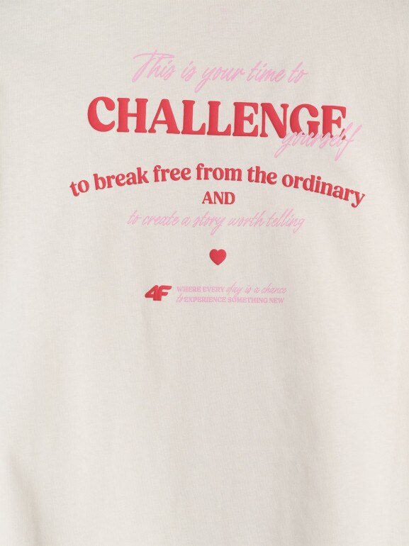 Dziewczęcy t-shirt oversize z nadrukiem 4F 4FJRAW25TTSHF3187 - biały