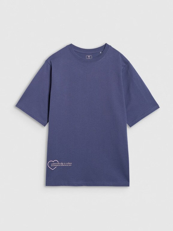 Dziewczęcy t-shirt oversize z nadrukiem 4F 4FJRAW25TTSHF3187 - granatowy