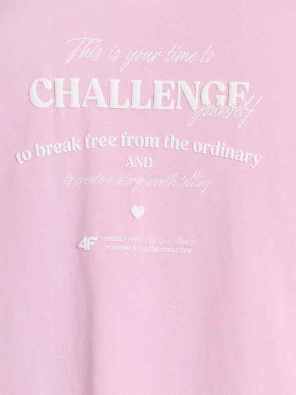 Dziewczęcy t-shirt oversize z nadrukiem 4F 4FJRAW25TTSHF3187 - różowy