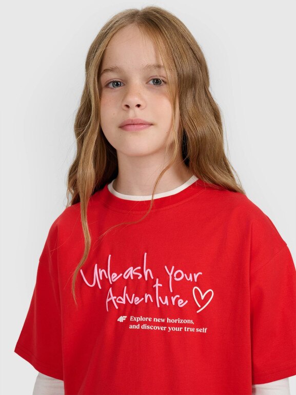 Dziewczęcy t-shirt z nadrukiem 4F 4FJRAW25TTSHF3188 - czerwony