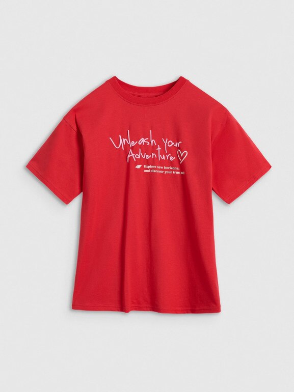 Dziewczęcy t-shirt z nadrukiem 4F 4FJRAW25TTSHF3188 - czerwony