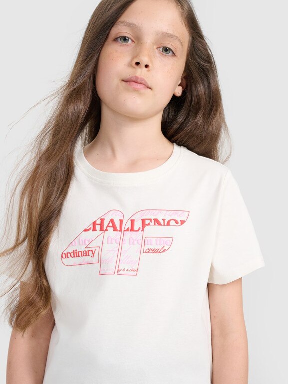 Dziewczęcy t-shirt z nadrukiem 4F 4FJRAW25TTSHF3189-11S - biały