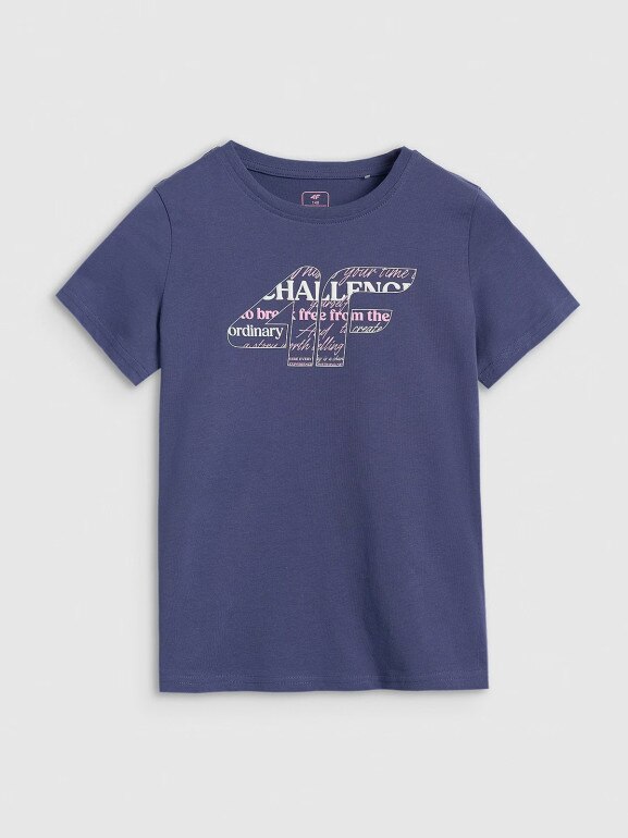 Dziewczęcy t-shirt z nadrukiem 4F 4FJRAW25TTSHF3189-11S - granatowy