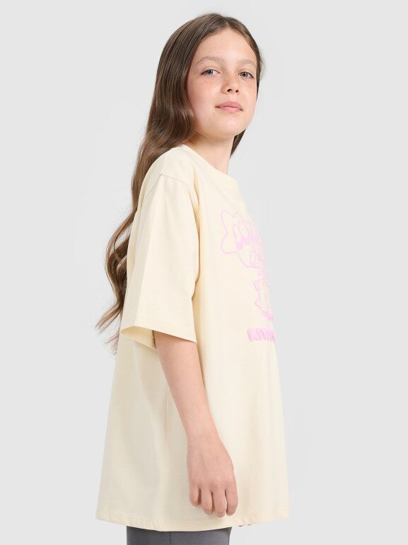 Dziewczęcy t-shirt oversize z nadrukiem 4F 4FJRAW25TTSHF3197 - beżowy